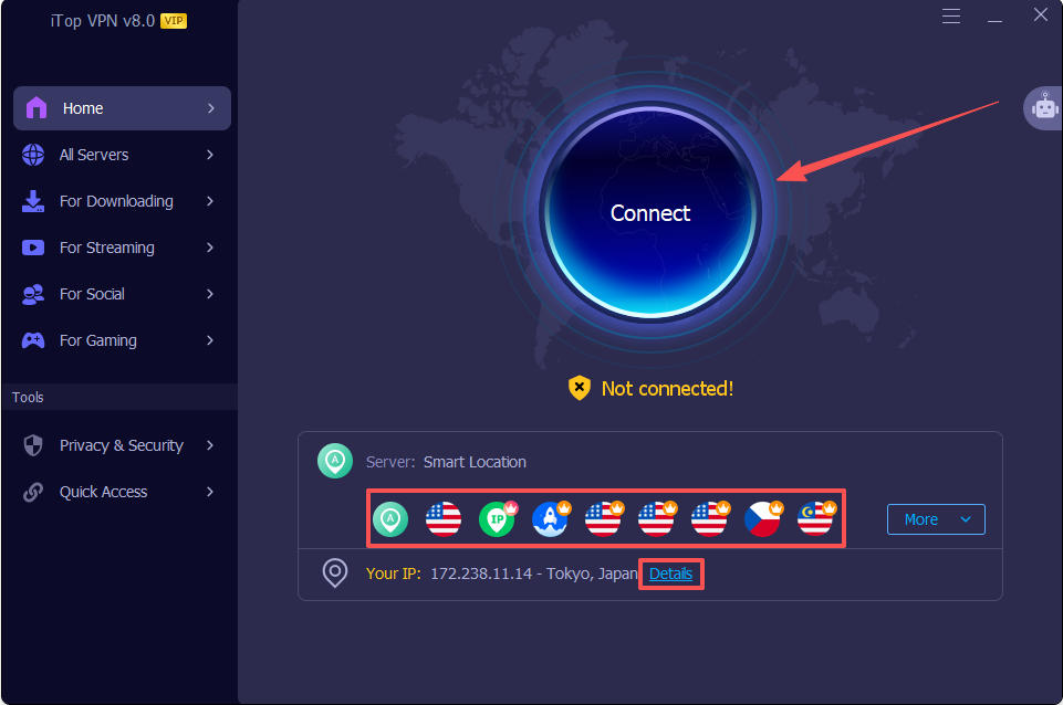 iTop VPN Windows app connection screen