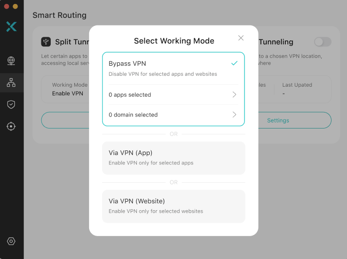 X-VPN macOS Smart Routing working mode selector